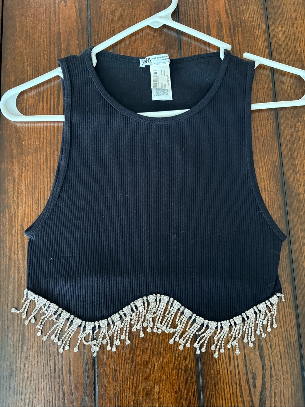 Zara Black Ribbed Crop Top with Beaded Fringe Hem